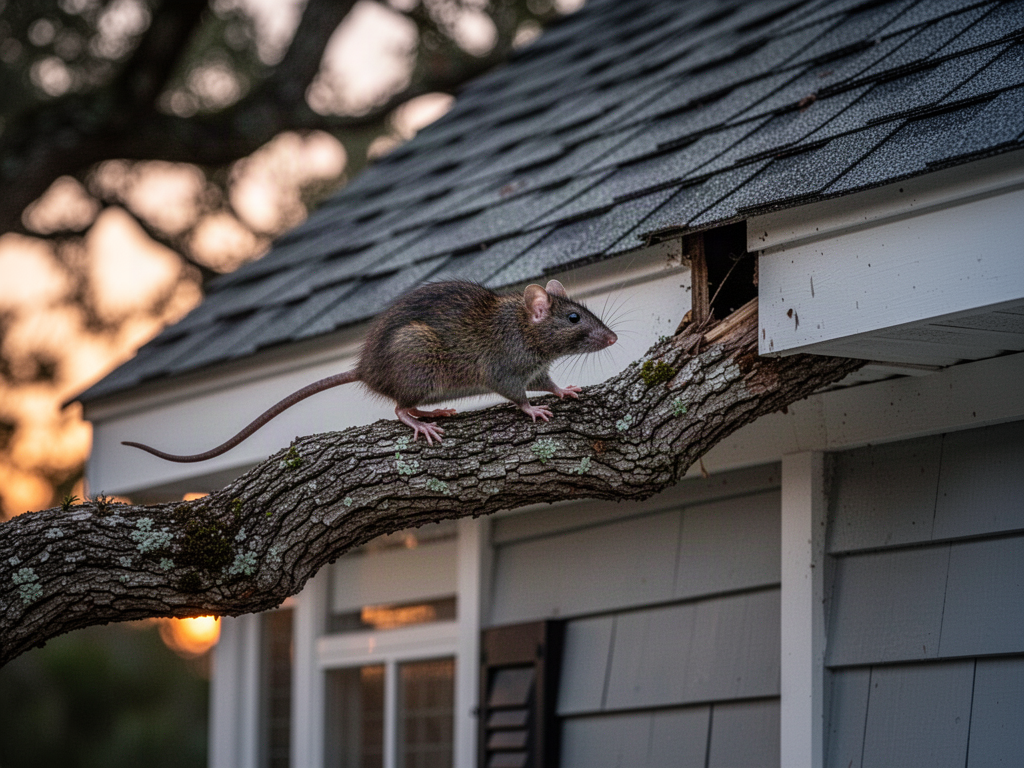A roof rat traveling along a live oak branch toward the roofline of a coastal Morehead City home at dusk