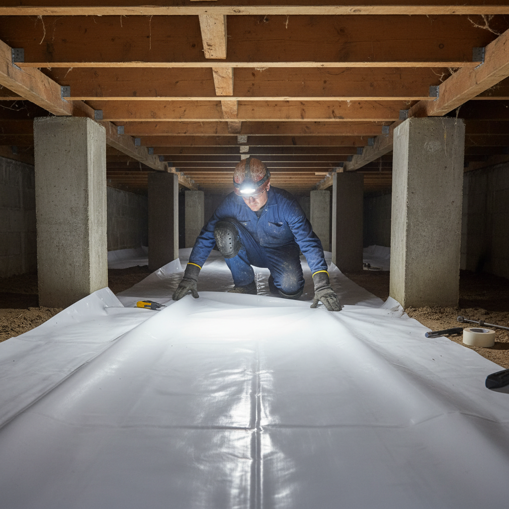 Technician installing a fresh vapor barrier in a New Bern crawl space