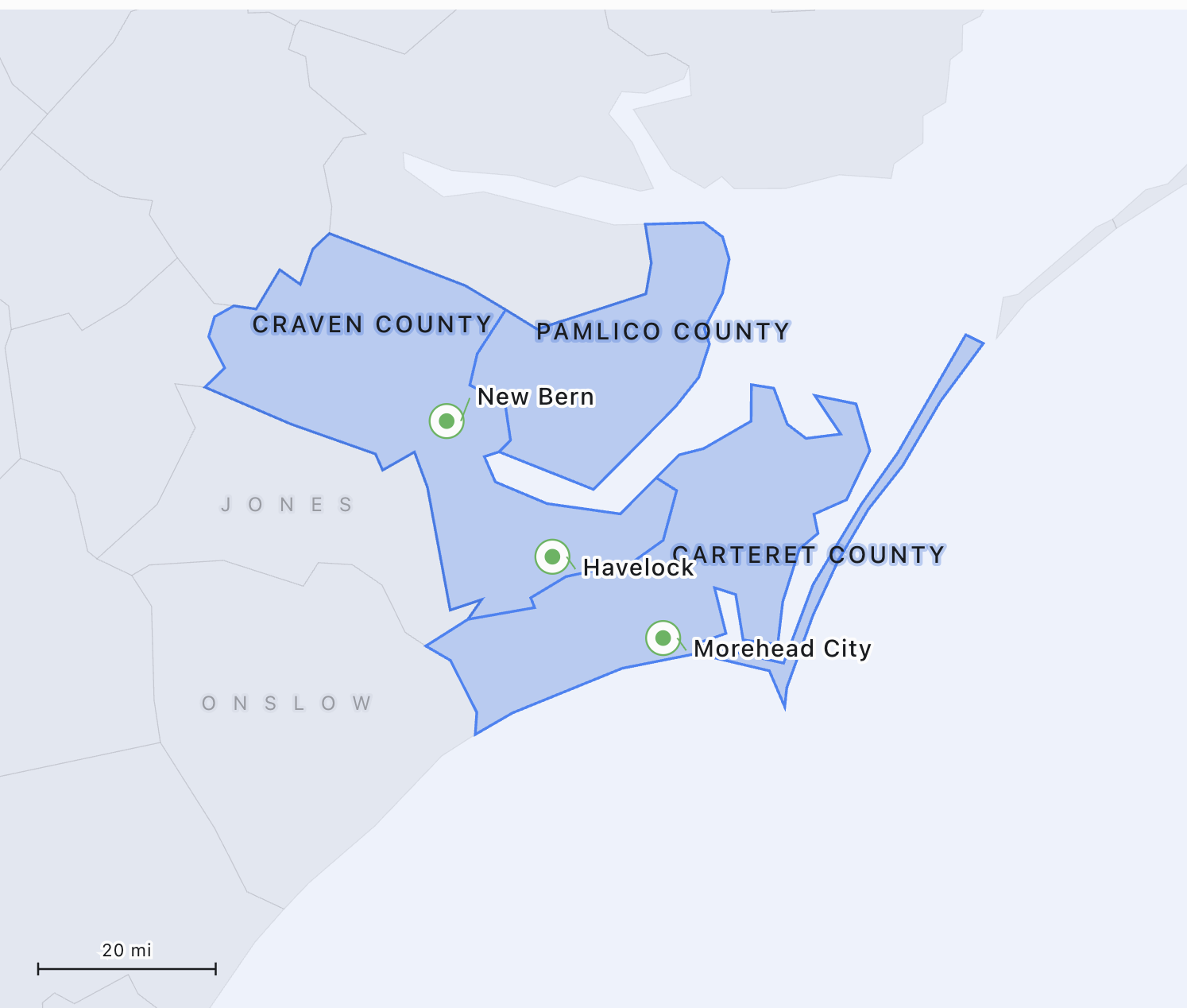 X-Team Pest Solutions service area map covering Craven County, Pamlico County, and Carteret County in Eastern North Carolina, including New Bern, Havelock, and Morehead City
